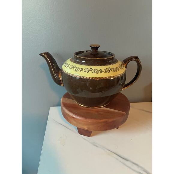 Vintage S.E.&R. Staffordshire England Brown Glazed Floral Teapot Gold Trim - Picture 3 of 10